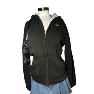 Y2K Hollister Black Full Zip Hoodie Sherpa Lined Hood Seagull Logo Small